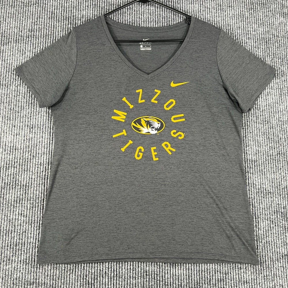 Missouri Tigers Mizzou Shirt Nike Womens Large Gray Short Sleeve V Neck SEC